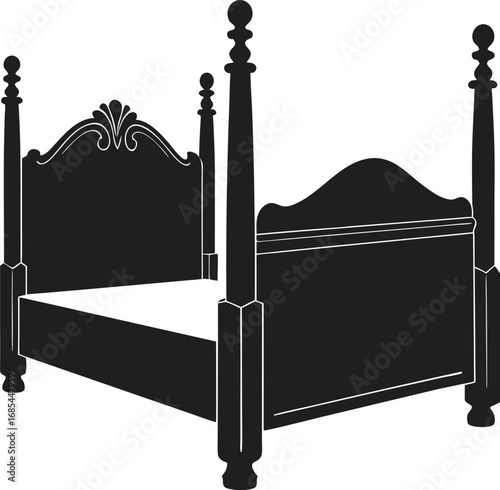 An elegant four-poster bed silhouette, perfect for design and illustration projects. The intricate details and classic design represent a luxurious bedroom interior