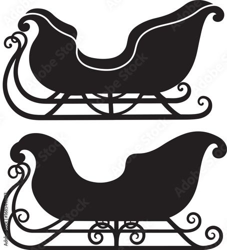 Two ornate black christmas sleigh silhouettes on a white background