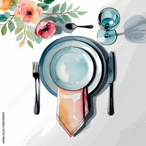 Watercolor elegant table setting with plate, cutlery, napkin and wine glass, isolated on white