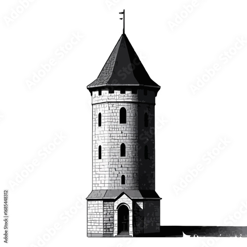 Vector art of a detailed illustration of a medieval stone tower with a conical roof, isolated on a transparent background