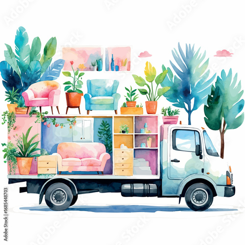 Watercolor relocation truck with furniture and plants, driving to new place