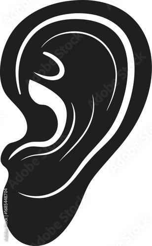A detailed black silhouette of a human ear, highlighting its intricate structure.