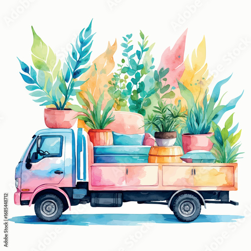 Watercolor relocation truck with furniture and plants, driving to new place