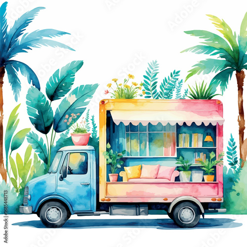 Watercolor relocation truck with furniture and plants, driving to new place