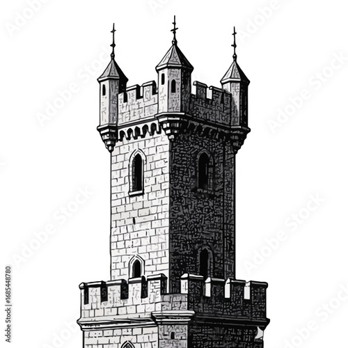 Vector art of an illustration of a medieval stone tower with crenellations and arched windows