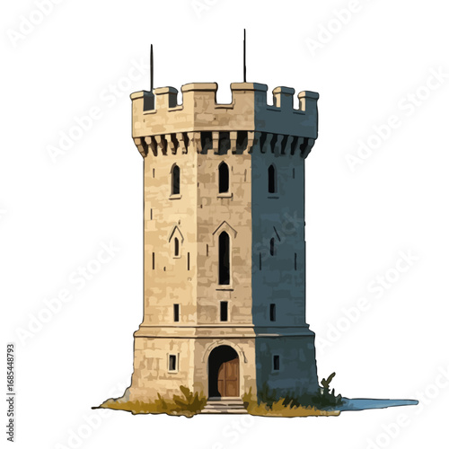 Vector art of a medieval stone watchtower with crenellated battlements and arched windows, isolated on a transparent background