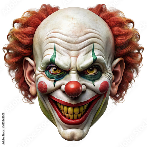 A terrifyingly realistic and detailed portrait of a sinister clown with a wide unsettling grin and fiery red hair isolated on transparent background