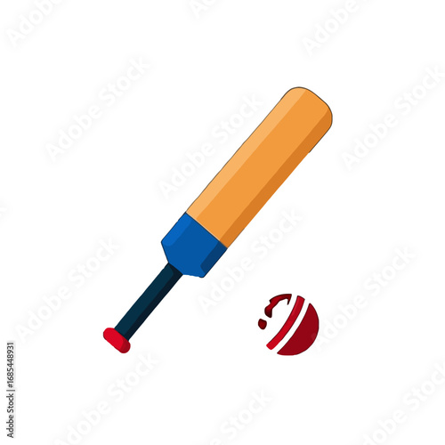 Vector art of a wooden cricket bat with a blue handle and a red and white cricket ball
