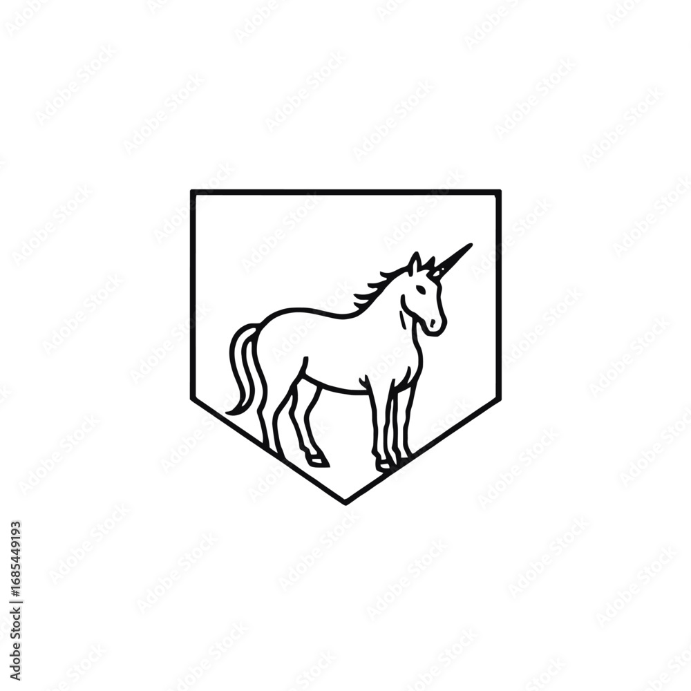 Fototapeta premium Vector art of a simple black and white line art illustration of a unicorn standing inside a shield shape