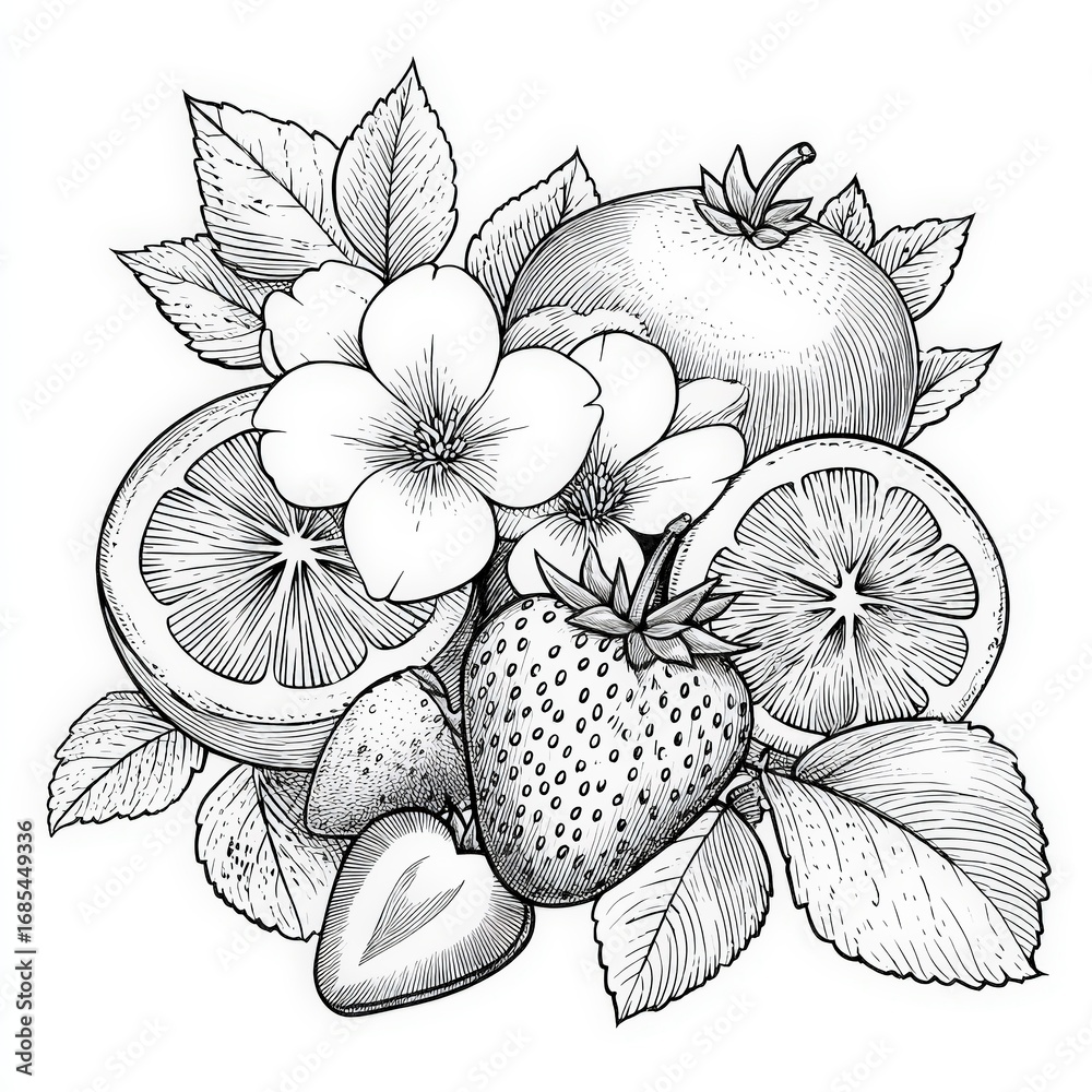 Fototapeta premium Hand-Drawn Illustration of Fresh Fruits and Flowers for Design