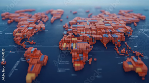 Detailed 3D representation of world map made of colorful shipping containers, symbolizing global trade and logistics. 