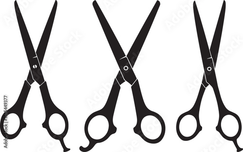 Three black barber scissors crossed in a stylized silhouette