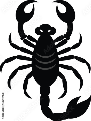 A menacing, stylized, black scorpion, with a curled tail and large pincers, ready to strike. Its intimidating presence and intricate design give it a strong visual impact.
