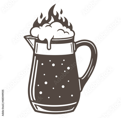 Hand drawn illustration of a frothy beer pitcher with foam and bubbles isolated on white background