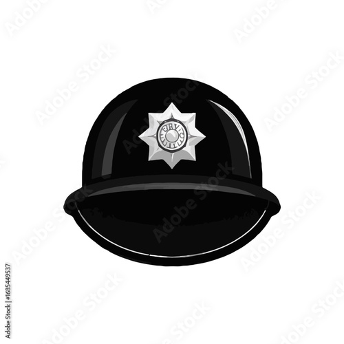 Vector art of a black police helmet with a silver badge