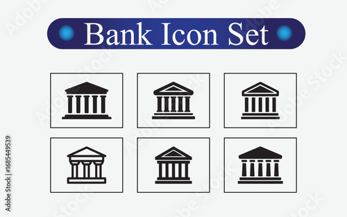 Bank icon set featuring classic architectural design elements for finance