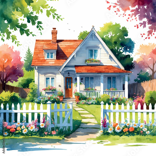 Watercolor vector of cozy family house with garden and picket fence, isolated on white