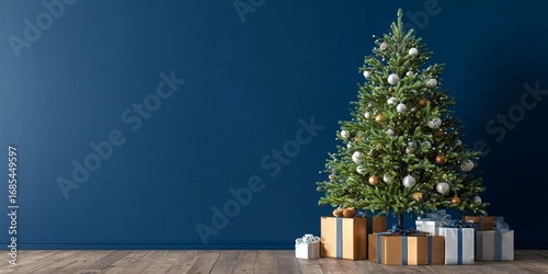snow covered banner christmas tree with presents with copy space, decorated fir with gifts holiday background
