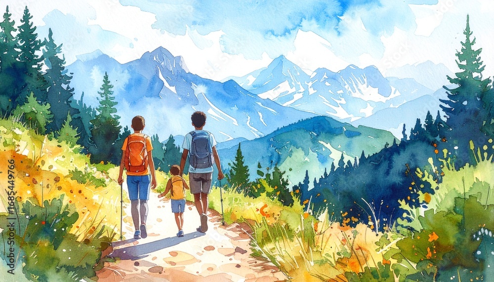 Obraz premium Watercolor cartoon of family hiking outdoors with teenage child, healthy lifestyle.