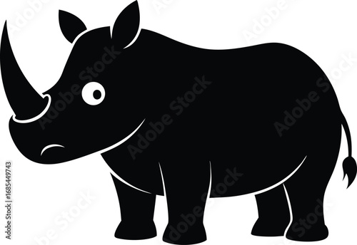 A cartoon style black rhino with a large horn is presented, against a simple backdrop, capturing its essence in a simplified, graphic representation. 