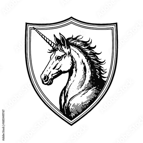Vector art of detailed sketch of a unicorn head within a shield emblem, , symbolizing fantasy and mythology