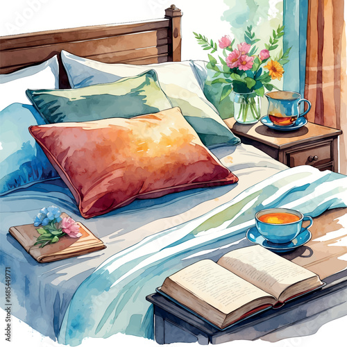 Watercolor vector of rest corner for exam stress recovery – nap setup with tea and books, isolated