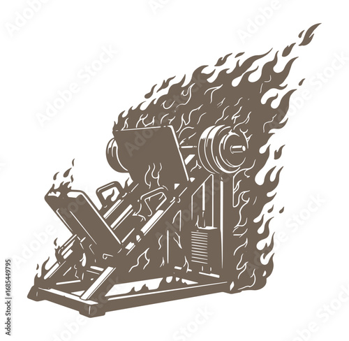 Intense strength training with flaming leg press machine illustration concept