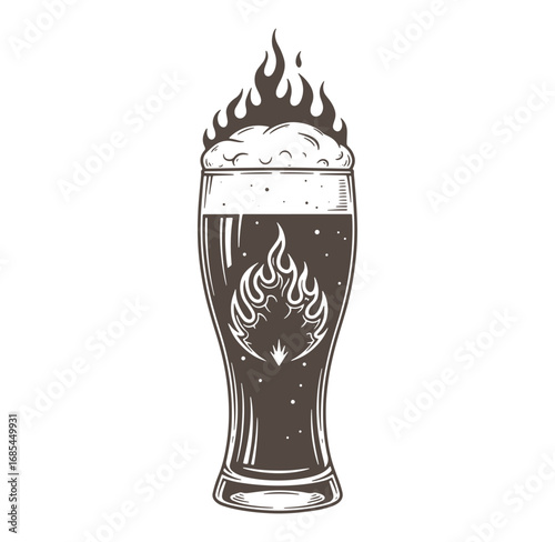 Intricate beer glass design featuring stylized flames and frothy head in dark brown