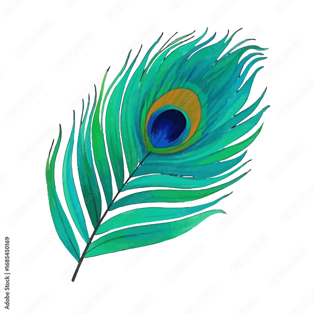 Obraz premium Vector art of a vibrant, detailed watercolor illustration of a single peacock feather, isolated on a transparent background, showcasing its iridescent blue and green hues and eyelike pattern