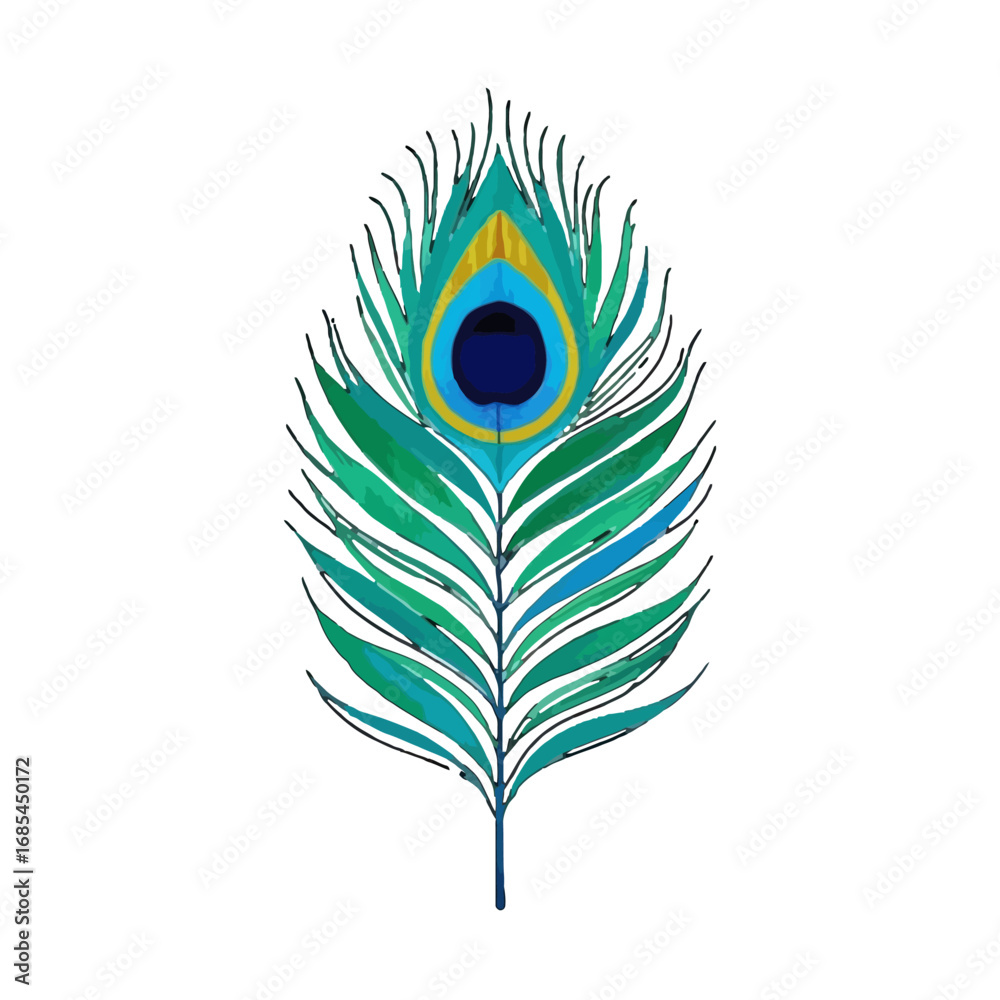 Obraz premium Vector art of a vibrant and detailed watercolor illustration of a single peacock feather, isolated on a transparent background, showcasing its intricate patterns and colors