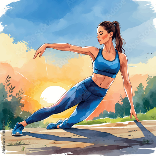 Watercolor vector of woman stretching outdoors in fitness routine, isolated on white