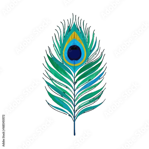 Vector art of a vibrant and detailed watercolor illustration of a single peacock feather, isolated on a transparent background, showcasing its intricate patterns and colors
