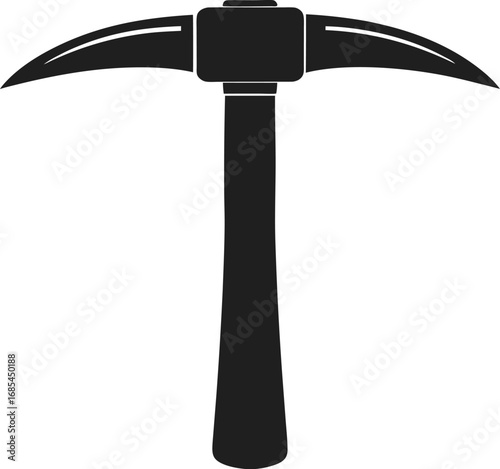 The silhouette of a classic pickaxe on an isolated background. The pickaxe is a tool with a pointed head at both ends