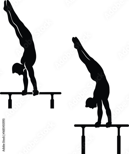 male gymnast performing a handstand on parallel bars. The figure is proportional, dynamic,