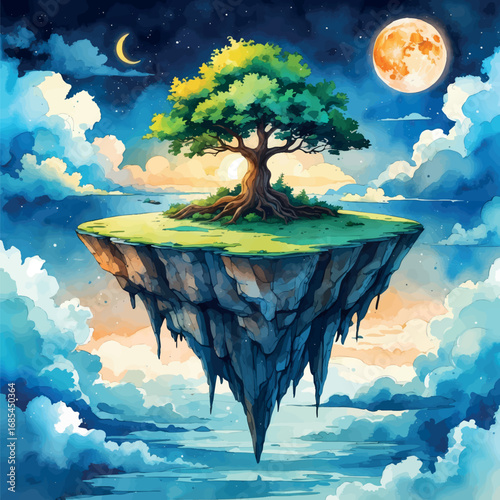 Watercolor vector of surreal floating island with upside-down tree and glowing moon, isolated artwork