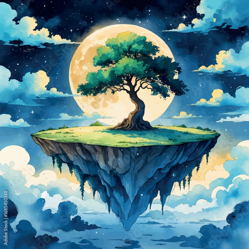 Watercolor vector of surreal floating island with upside-down tree and glowing moon, isolated artwork