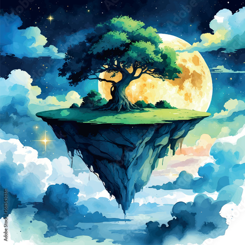 Watercolor vector of surreal floating island with upside-down tree and glowing moon, isolated artwork