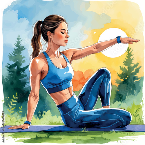 Watercolor vector of woman stretching outdoors in fitness routine, isolated on white