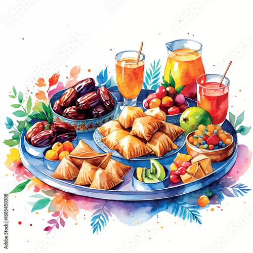 Watercolor vector of assorted iftar platter with Ramadan snacks and drinks, isolated