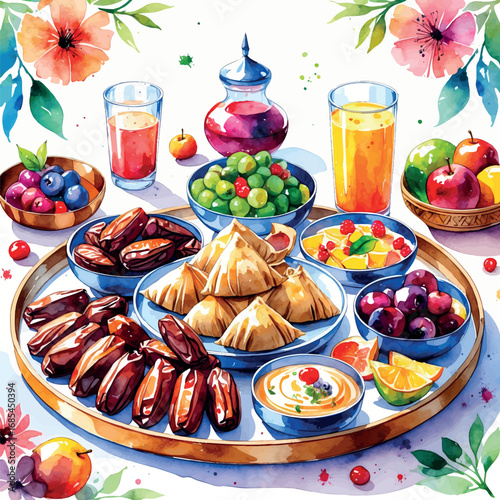 Watercolor vector of assorted iftar platter with Ramadan snacks and drinks, isolated