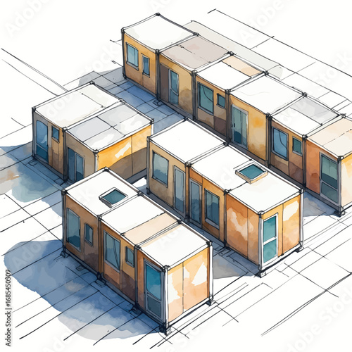 Watercolor vector architectural plan – modular housing layout in muted palette, isolated
