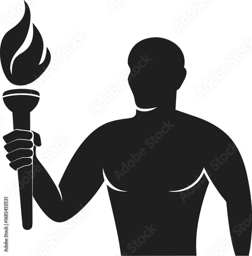 Silhouette of a person holding a burning torch, symbolizing the Olympic spirit or the pursuit of knowledge