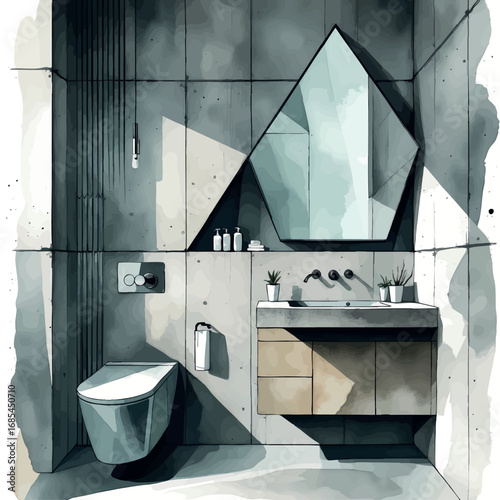 Watercolor vector brutalist bathroom – minimal concrete sink and geometric mirror, isolated