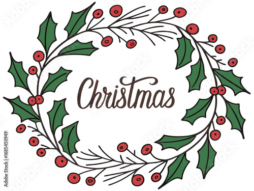 Festive Christmas Wreath Border Design for Holiday Projects , A charming, hand-drawn Christmas wreath graphic, perfect for invitations, cards, or social media posts.