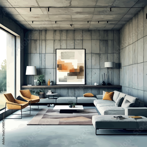 Watercolor vector brutalist living room – concrete walls and minimalist interior, isolated on white