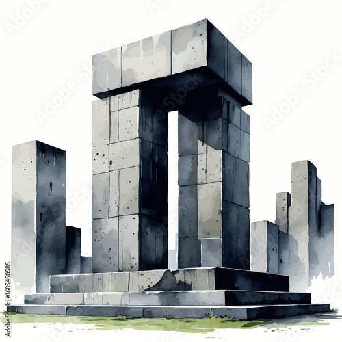 Watercolor vector brutalist monument – grayscale blocky structure with textured concrete, isolated