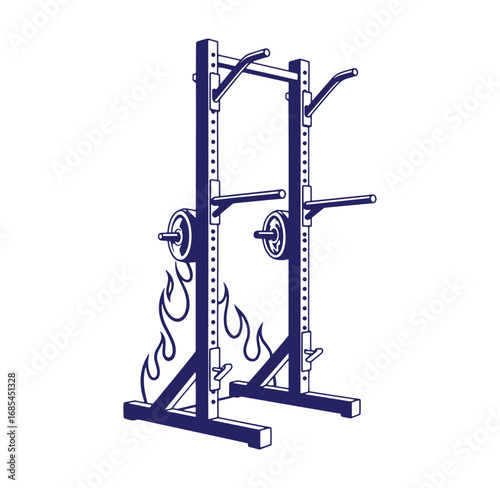 Vector illustration of a blue squat rack with weights and fiery accents on white background