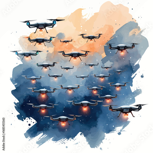Watercolor vector drone swarm in flight – coordinated UAV technology concept, isolated