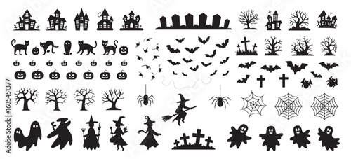Collection of halloween silhouettes including spooky trees ghosts bats and witches for themed designs white background