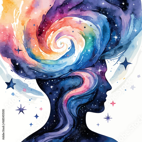 Watercolor vector human consciousness symbolized by galaxy in head silhouette, isolated